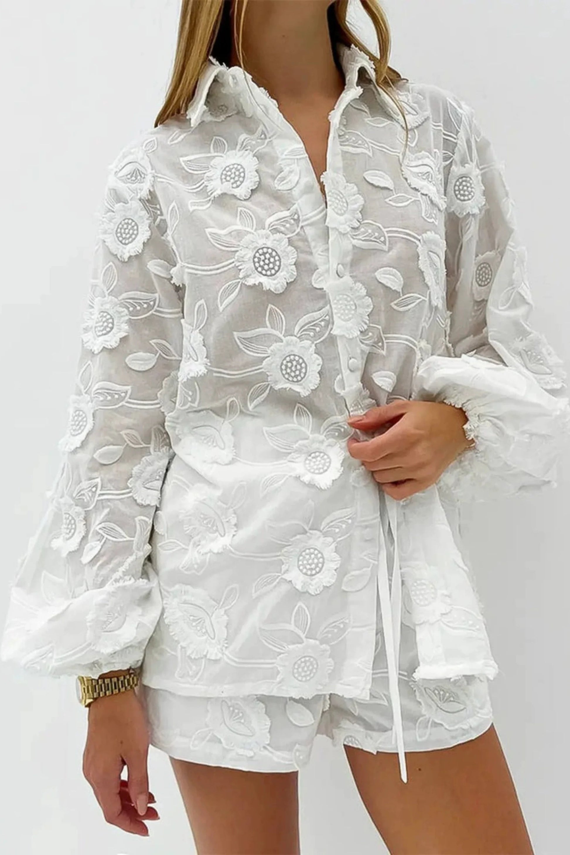 White Lace Embroidered Shirt and Shorts Set White