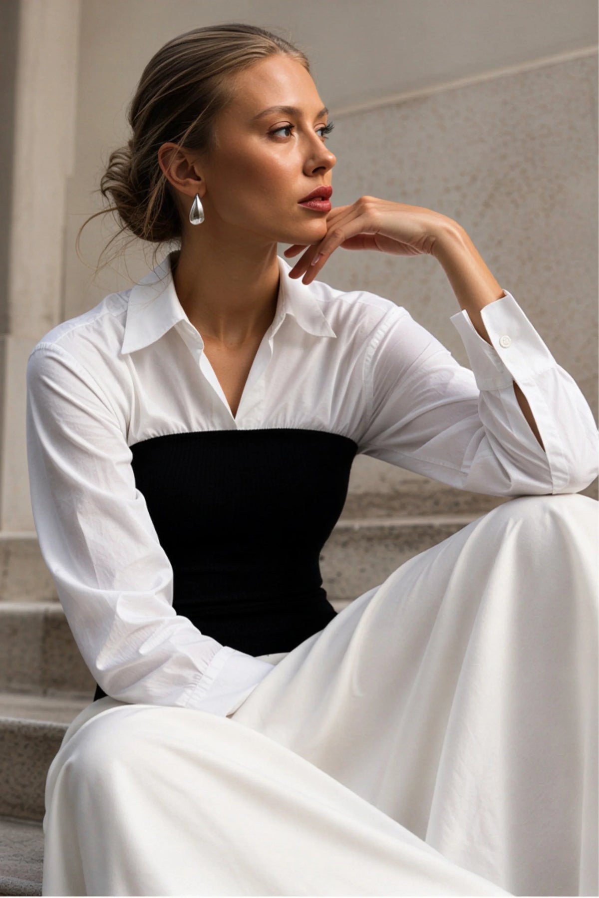 White and Black Ribbed Hybrid Shirt Top White