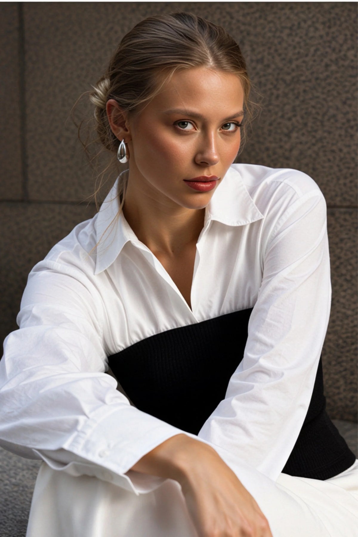 White and Black Ribbed Hybrid Shirt Top White