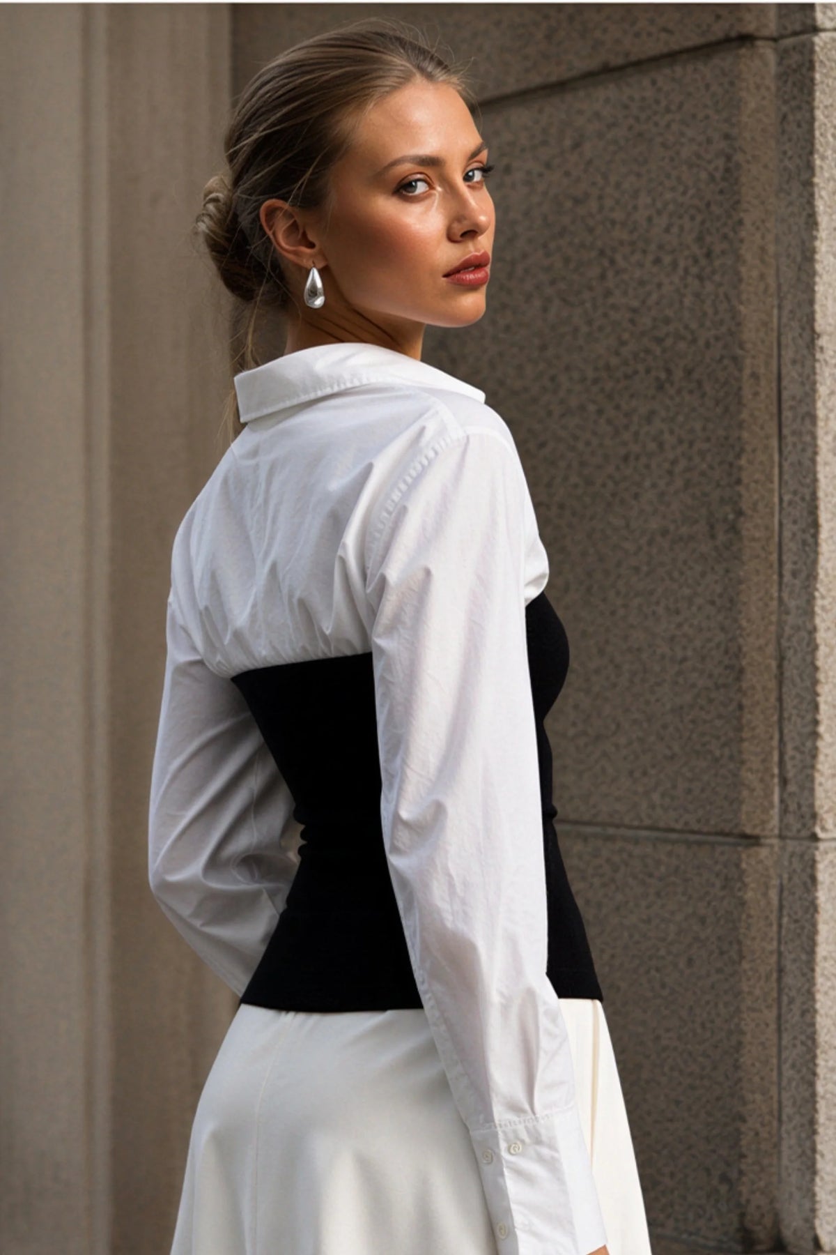 White and Black Ribbed Hybrid Shirt Top White