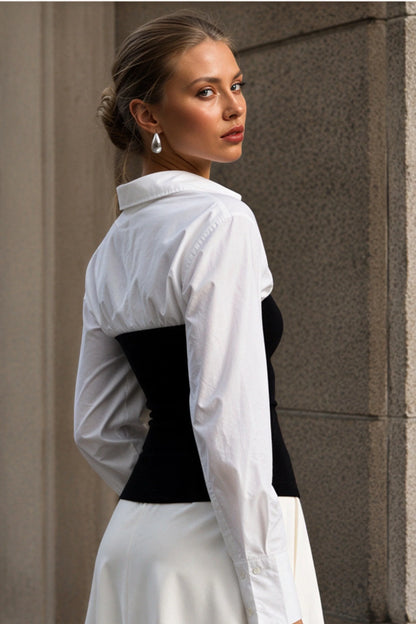 White and Black Ribbed Hybrid Shirt Top White