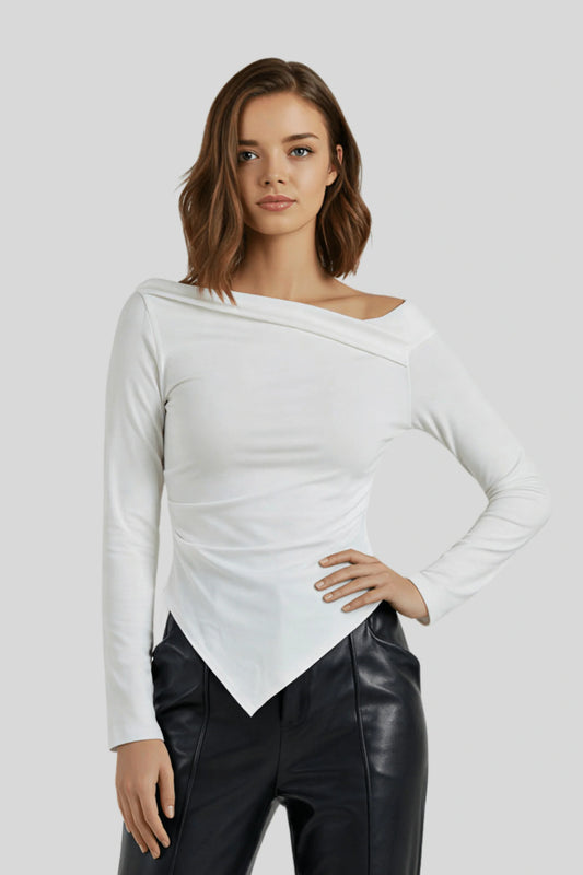 A white knit top with a fitted cut and asymmetrical lines