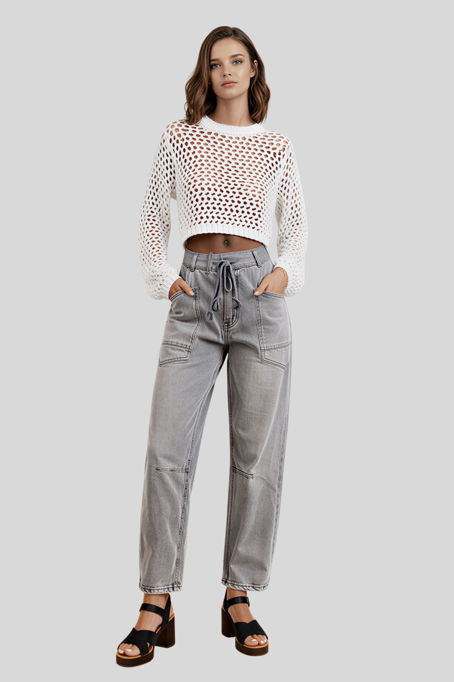 Openwork Cotton Knit Top with Ribbed Trim