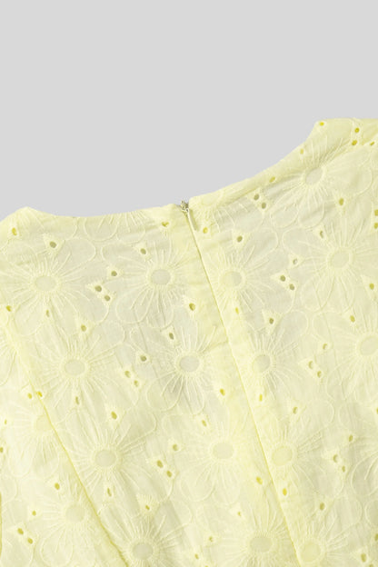 Yellow Cotton Embroidered Mini Dress with Puff Sleeves Yellow