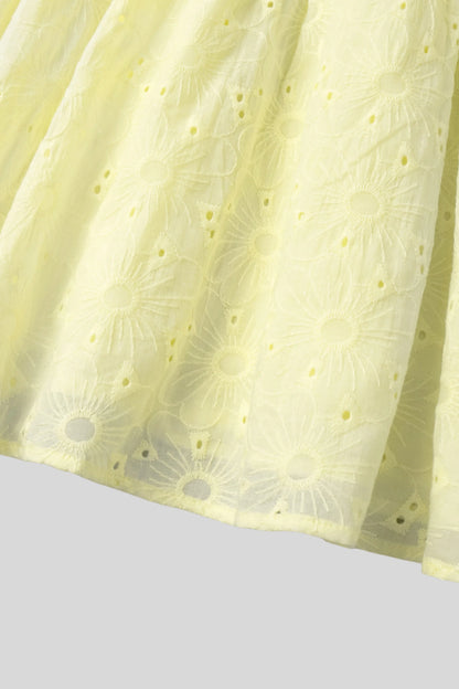 Yellow Cotton Embroidered Mini Dress with Puff Sleeves Yellow