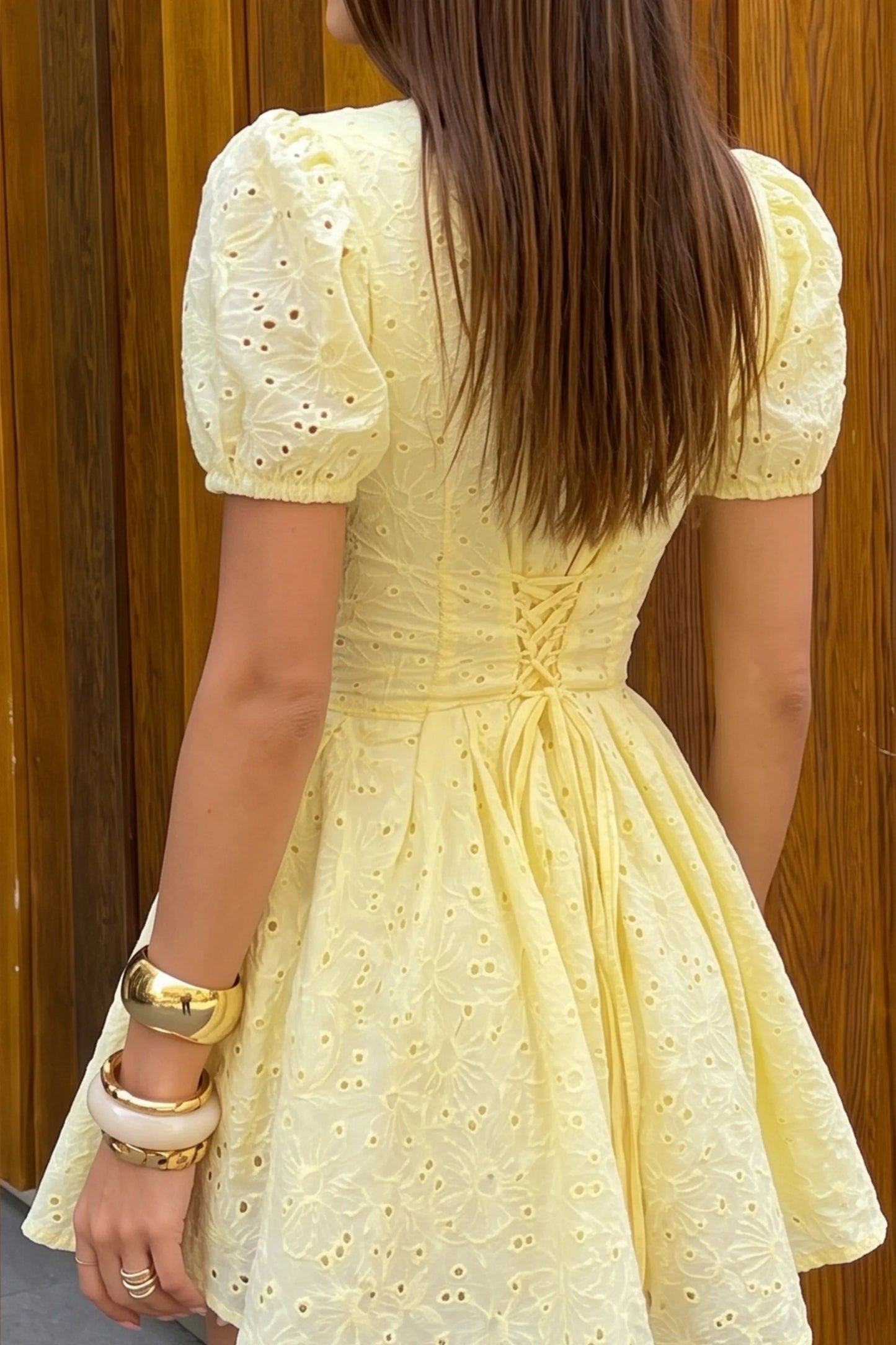 Yellow Cotton Embroidered Mini Dress with Puff Sleeves Yellow