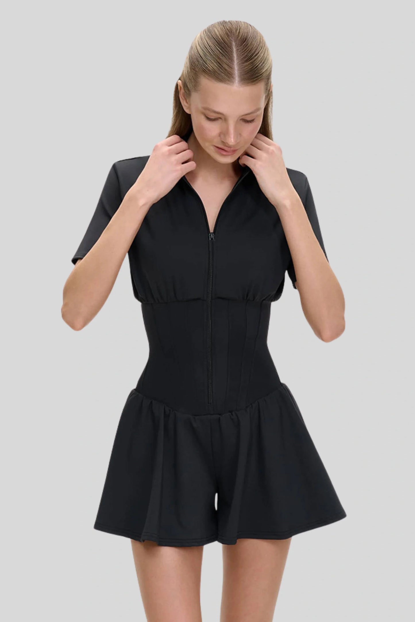 Zip Front Corset Peplum Romper Black