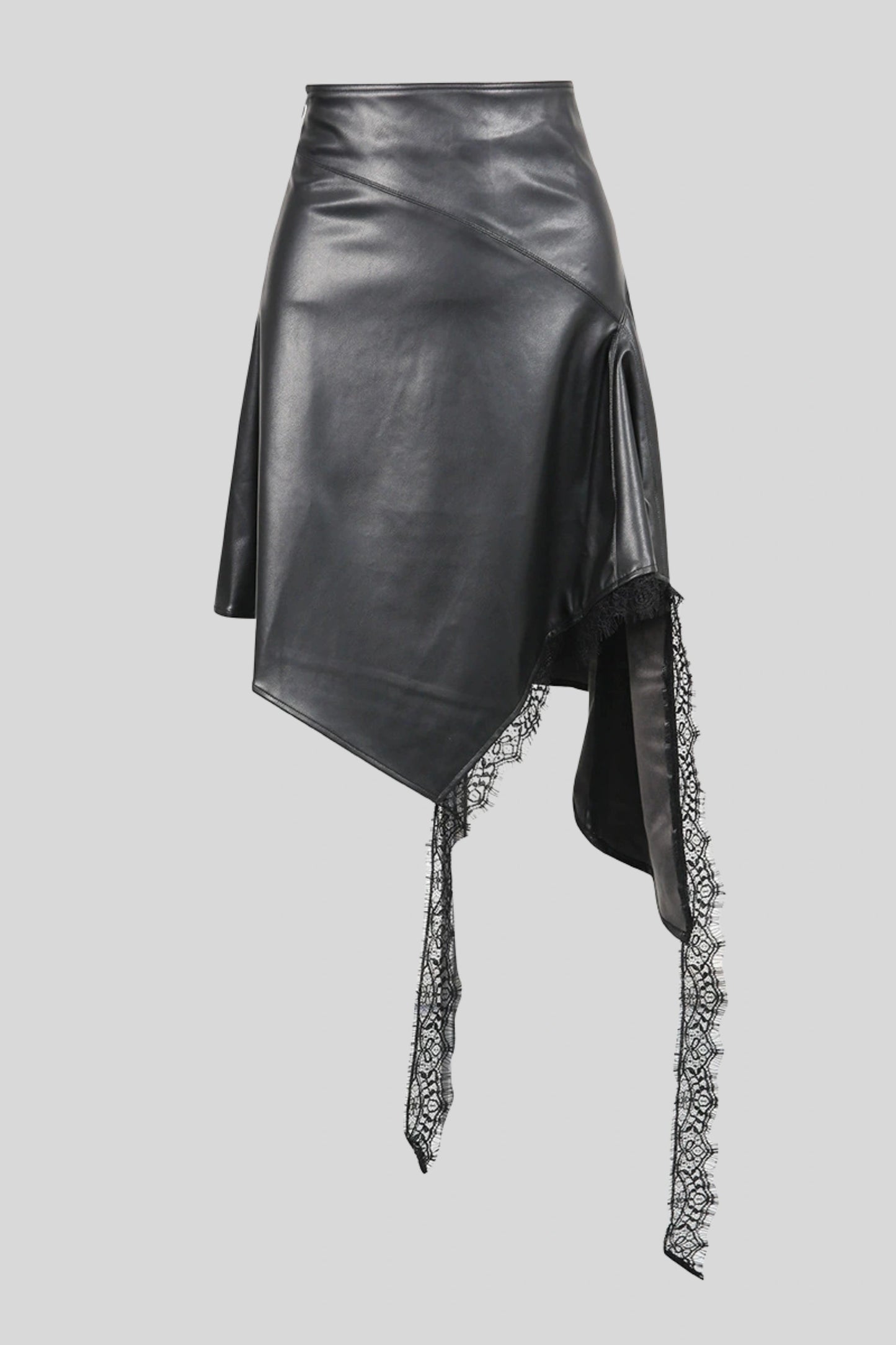 Asymmetrical Faux Leather Midi Skirt With Lace Color: