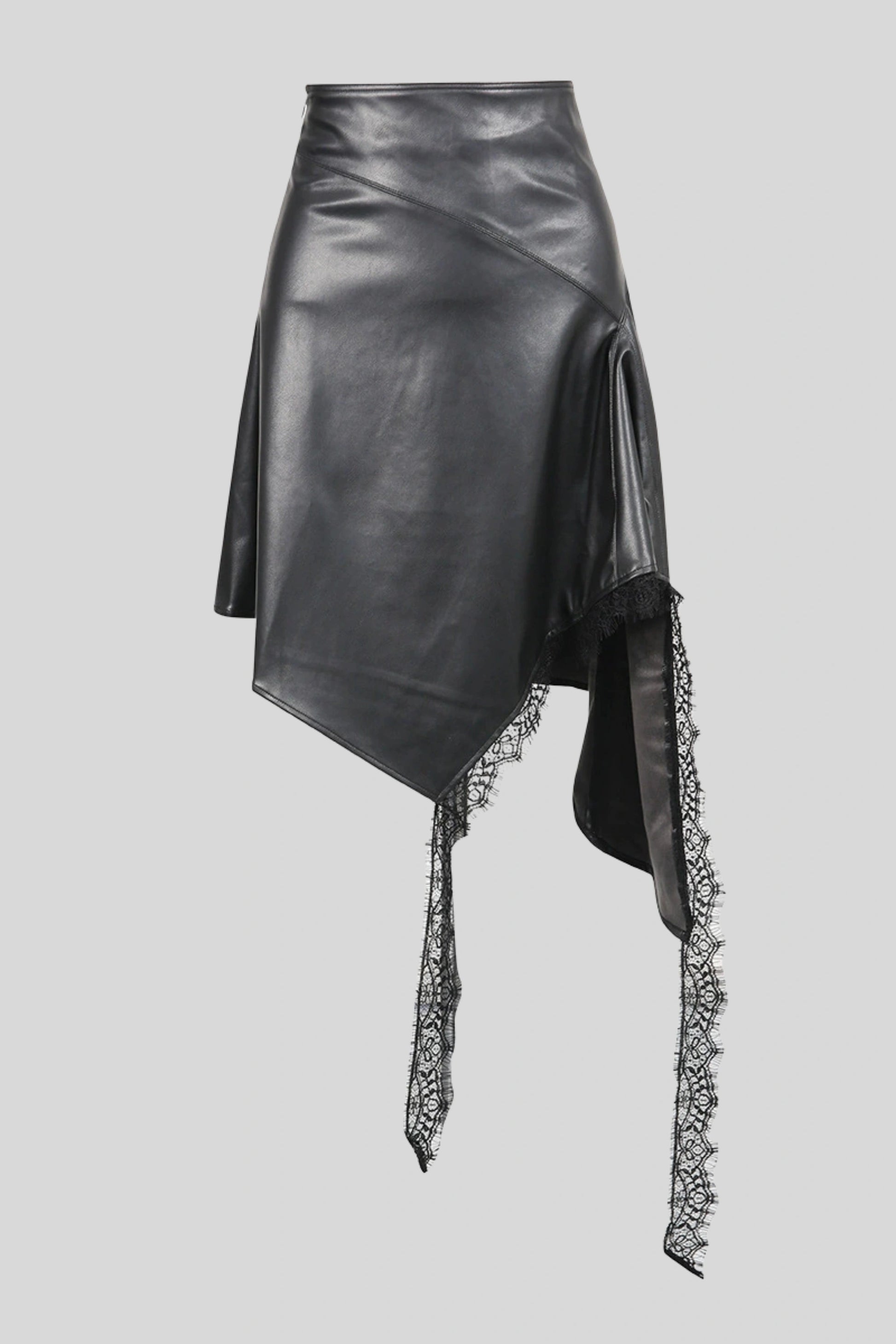 Asymmetrical Faux Leather Midi Skirt With Lace Color:
