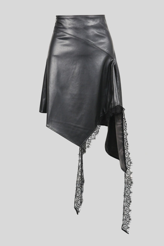 Asymmetrical Faux Leather Midi Skirt With Lace Color: