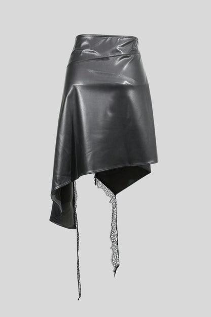 Asymmetrical Faux Leather Midi Skirt With Lace Color: