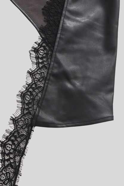 Asymmetrical Faux Leather Midi Skirt With Lace Color: