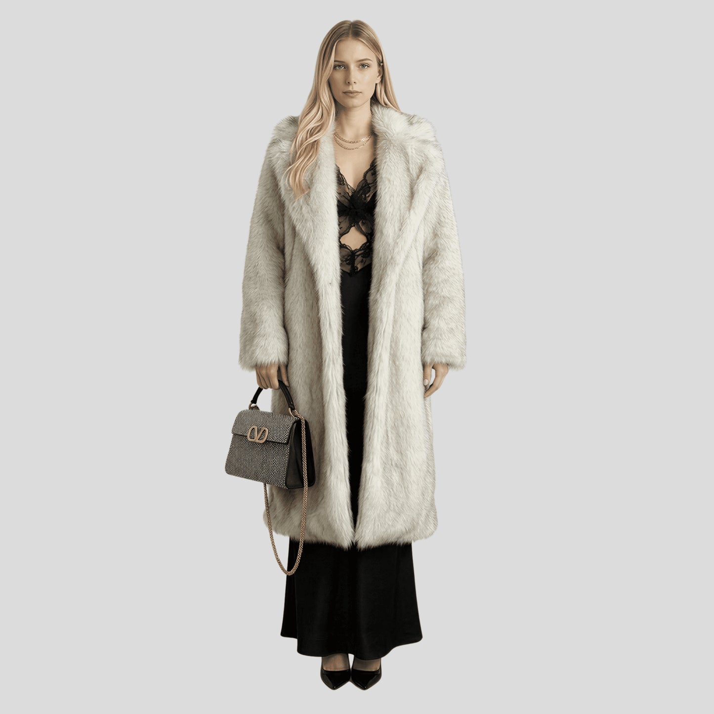 Alzya long faux fur coat warmth Gray