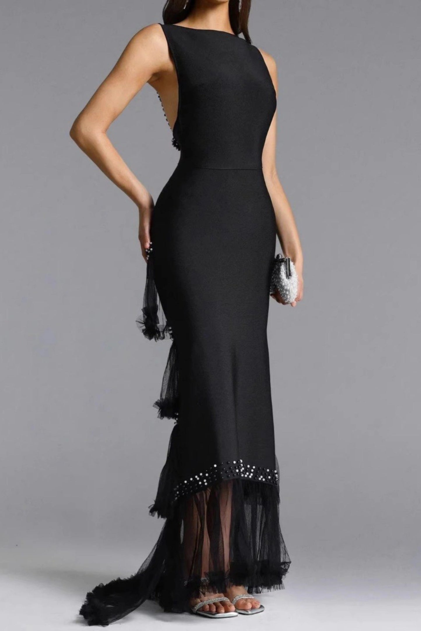 Black Beaded Tulle-Tiered Slim Maxi Dress Black