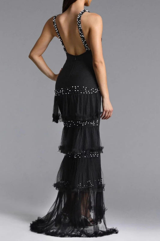 Black Beaded Tulle-Tiered Slim Maxi Dress Black