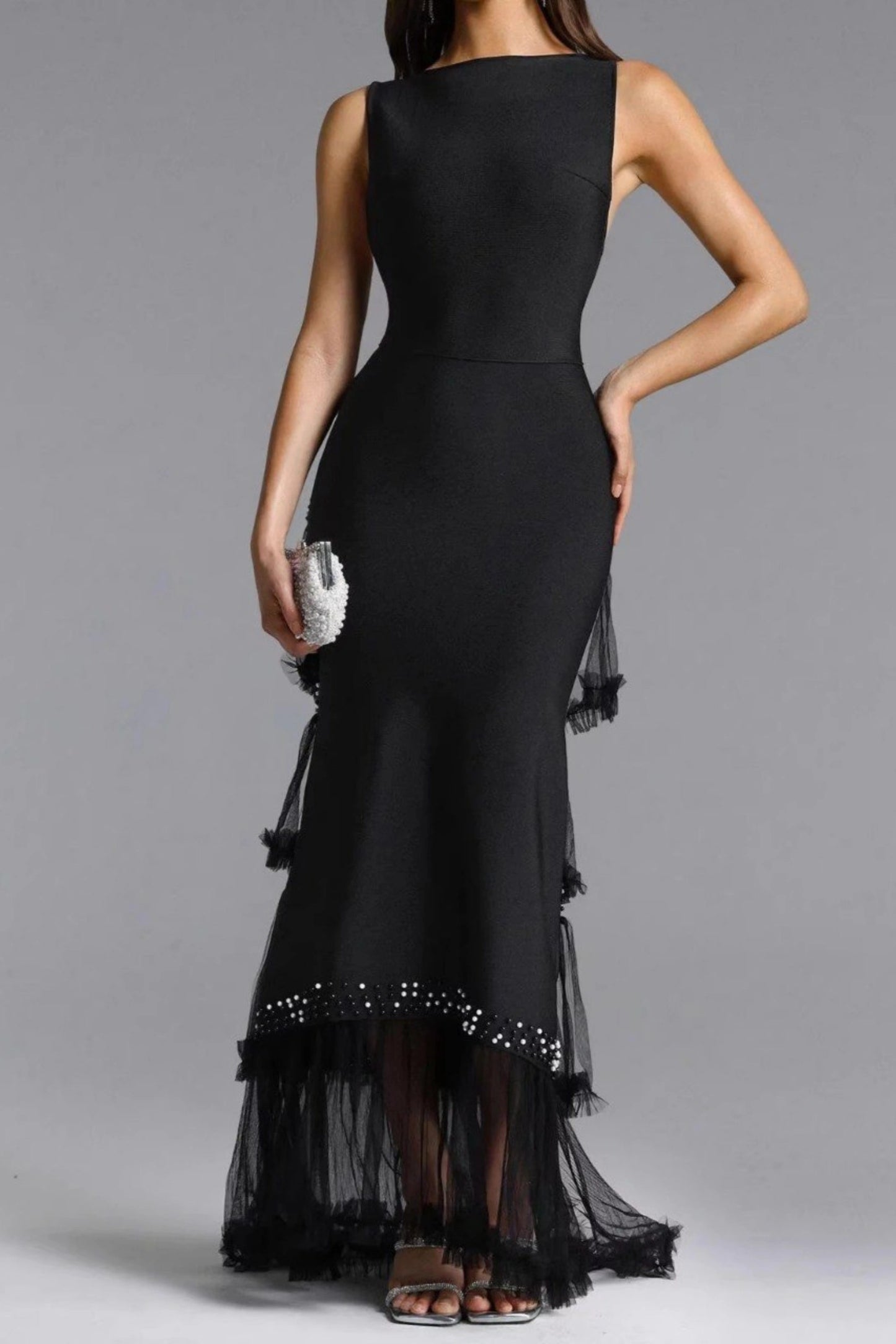 Black Beaded Tulle-Tiered Slim Maxi Dress Black