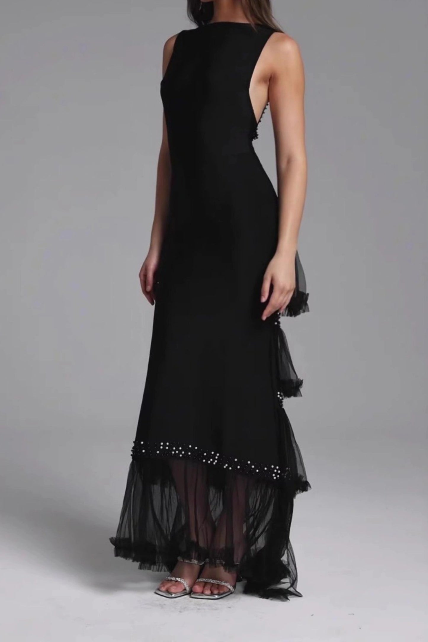 Black Beaded Tulle-Tiered Slim Maxi Dress Black