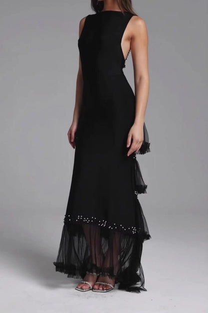 Black Beaded Tulle-Tiered Slim Maxi Dress Black