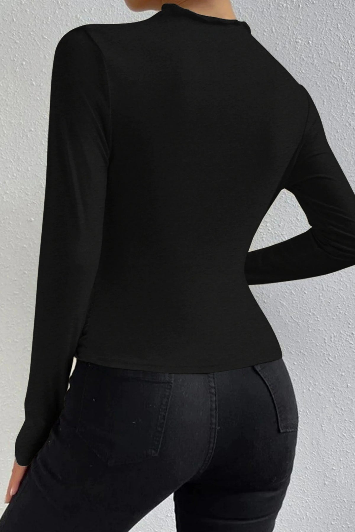 Asymmetric Draped Neck Long-Sleeve Top Black