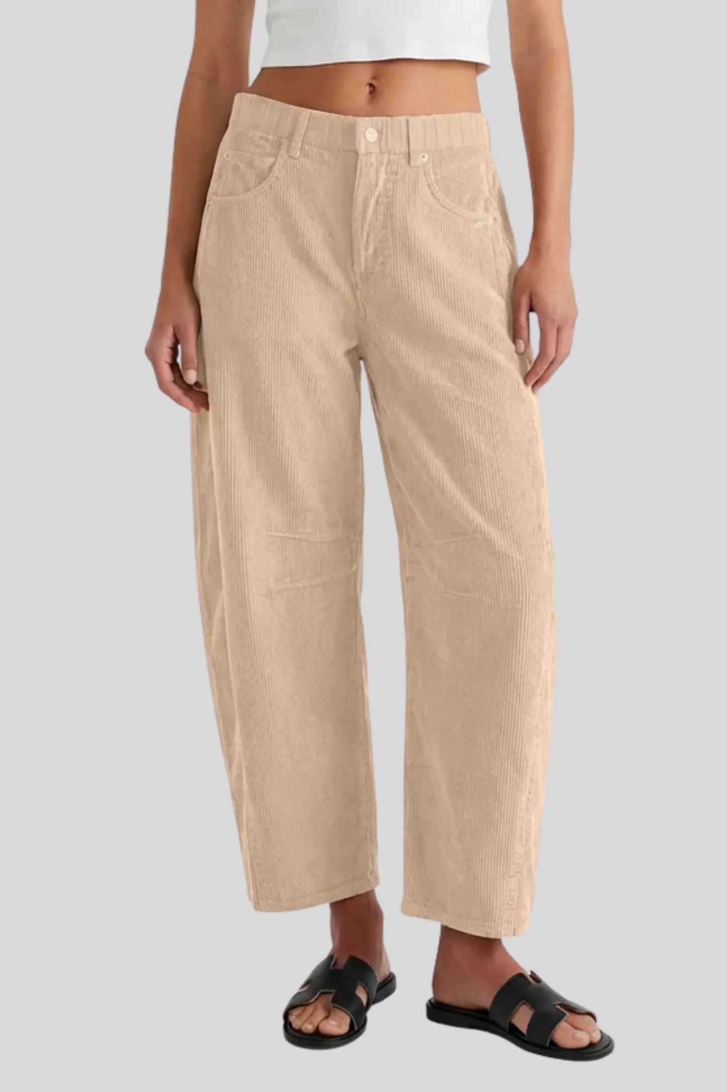 Alzya Beige Corduroy Barrel Leg Pants � High Waist Wide Fit � BEIGE
