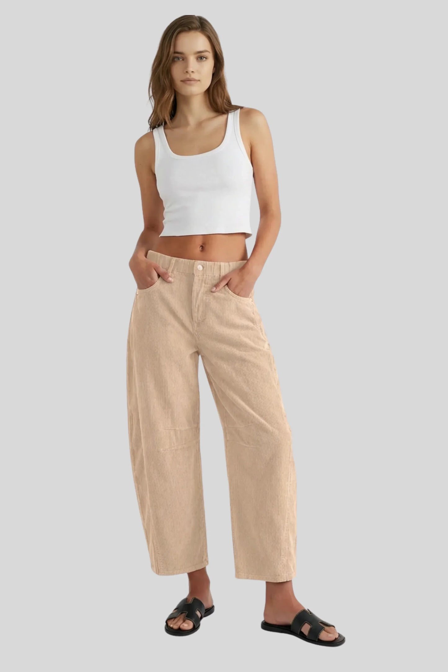 Alzya Beige Corduroy Barrel Leg Pants � High Waist Wide Fit � BEIGE
