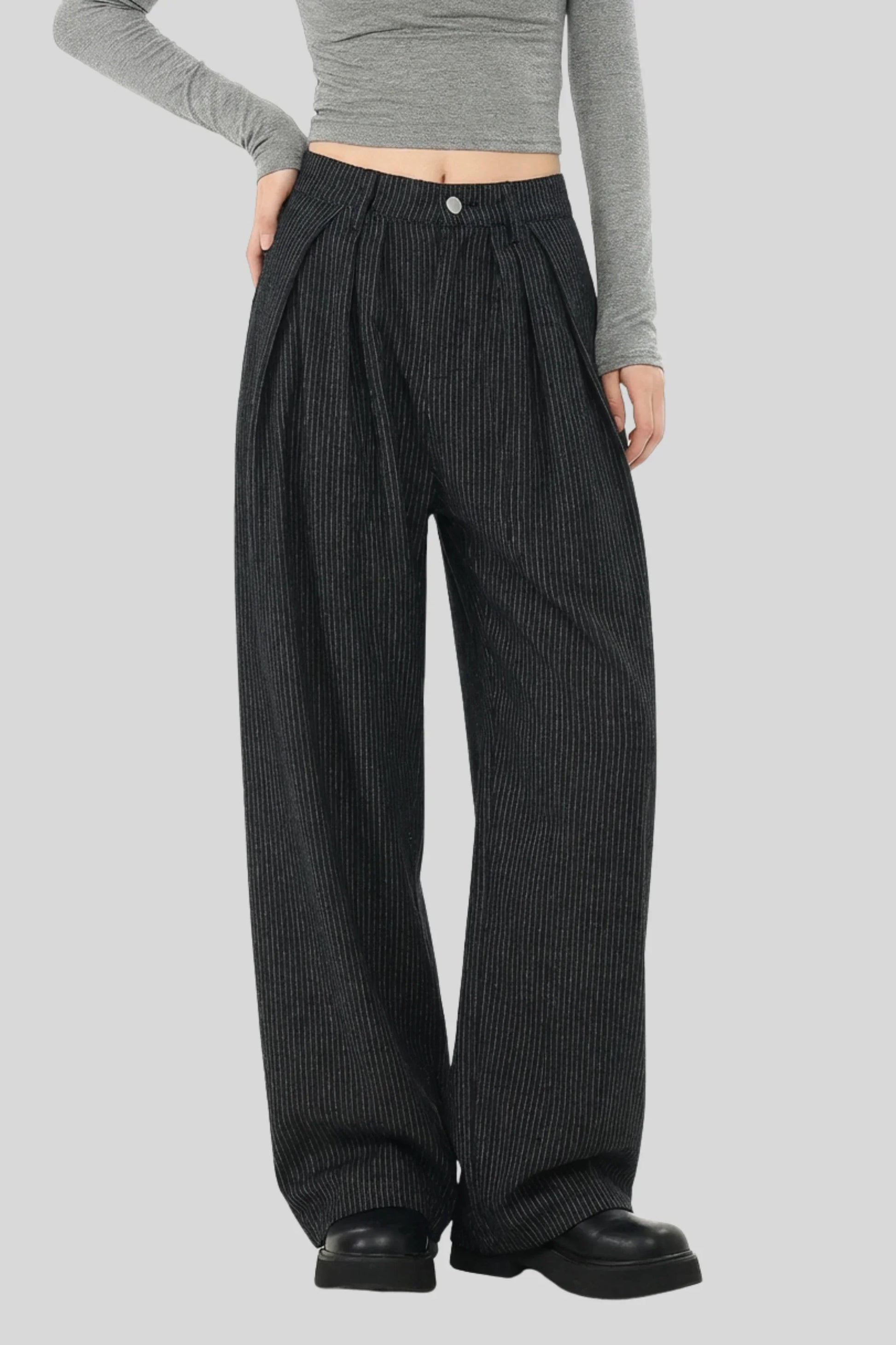 Alzya Black Pinstripe Wide Leg Pants � High Waist Pleated Fit � BLACK