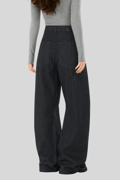 Alzya Black Pinstripe Wide Leg Pants � High Waist Pleated Fit � BLACK