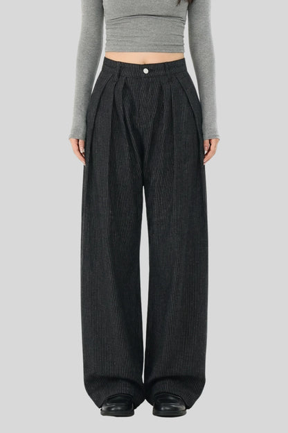 Alzya Black Pinstripe Wide Leg Pants � High Waist Pleated Fit � BLACK