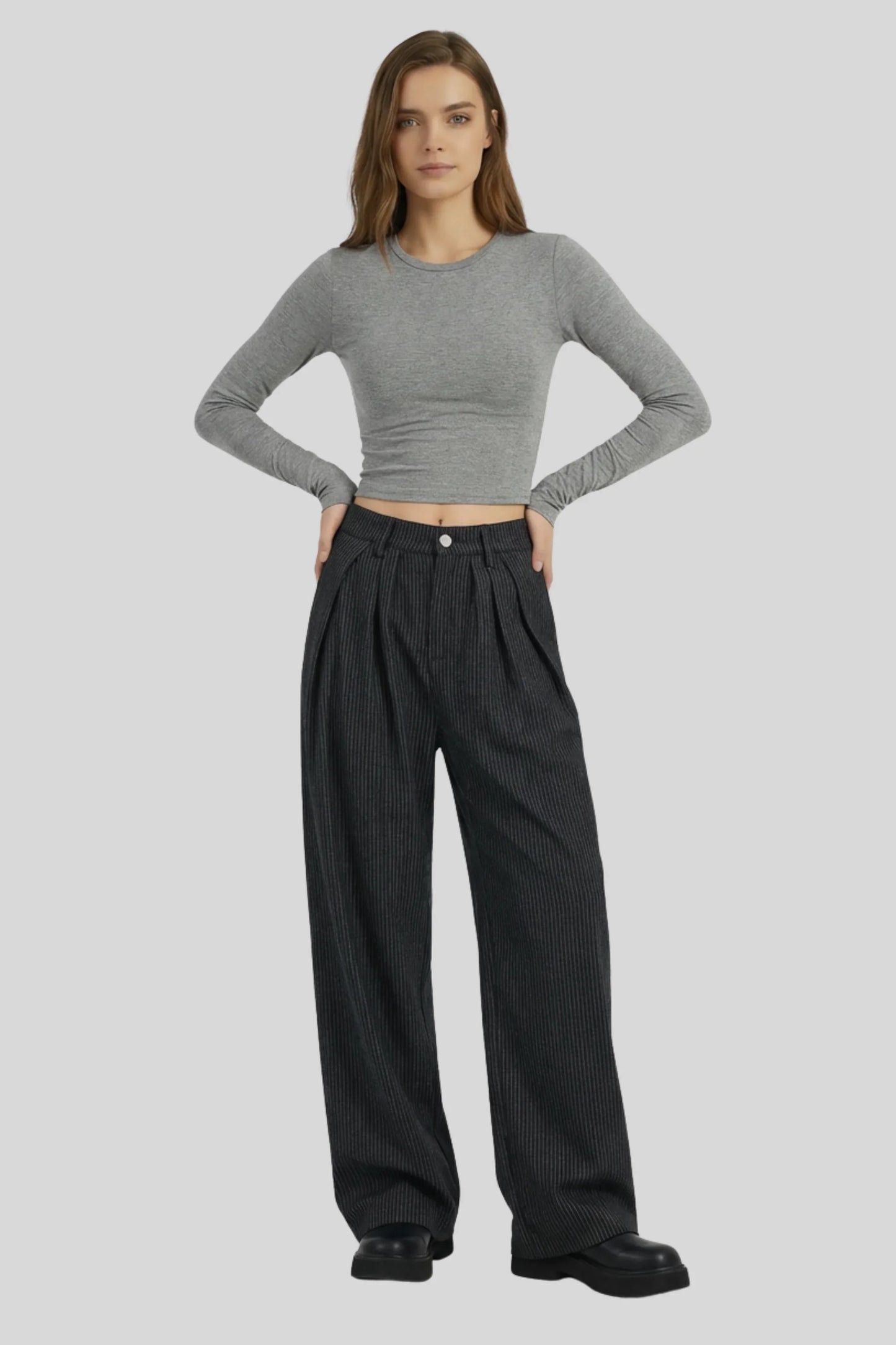 Alzya Black Pinstripe Wide Leg Pants � High Waist Pleated Fit � BLACK