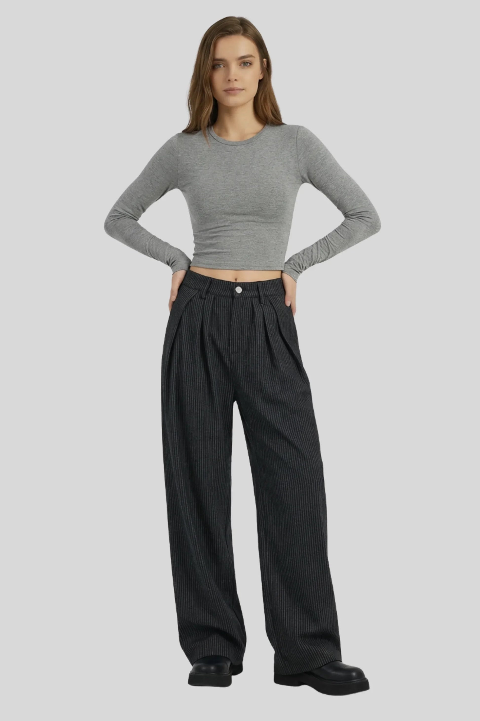 Alzya Black Pinstripe Wide Leg Pants � High Waist Pleated Fit � BLACK