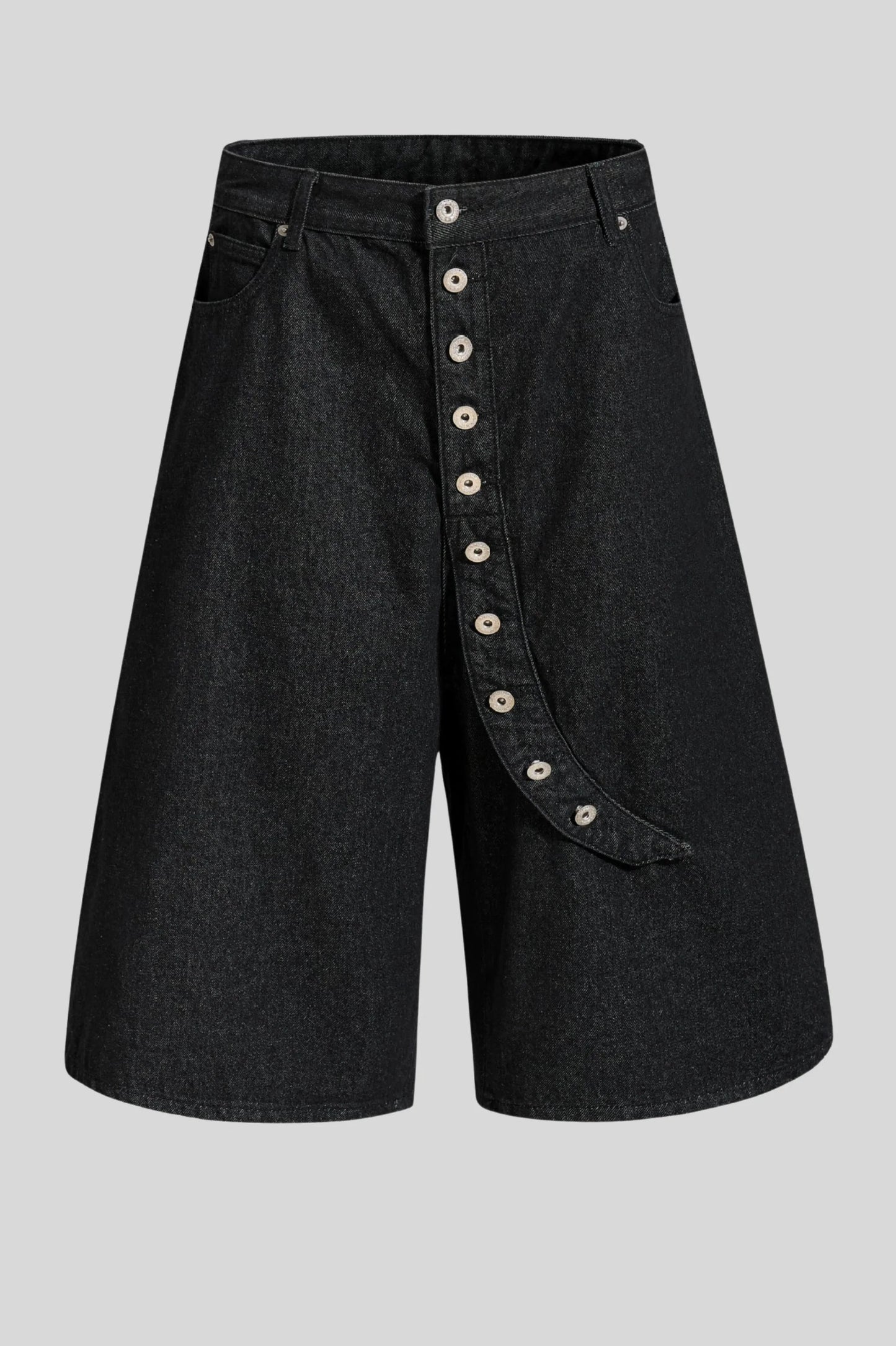 Black Wide-Leg Denim Capri Shorts Studded Button Black
