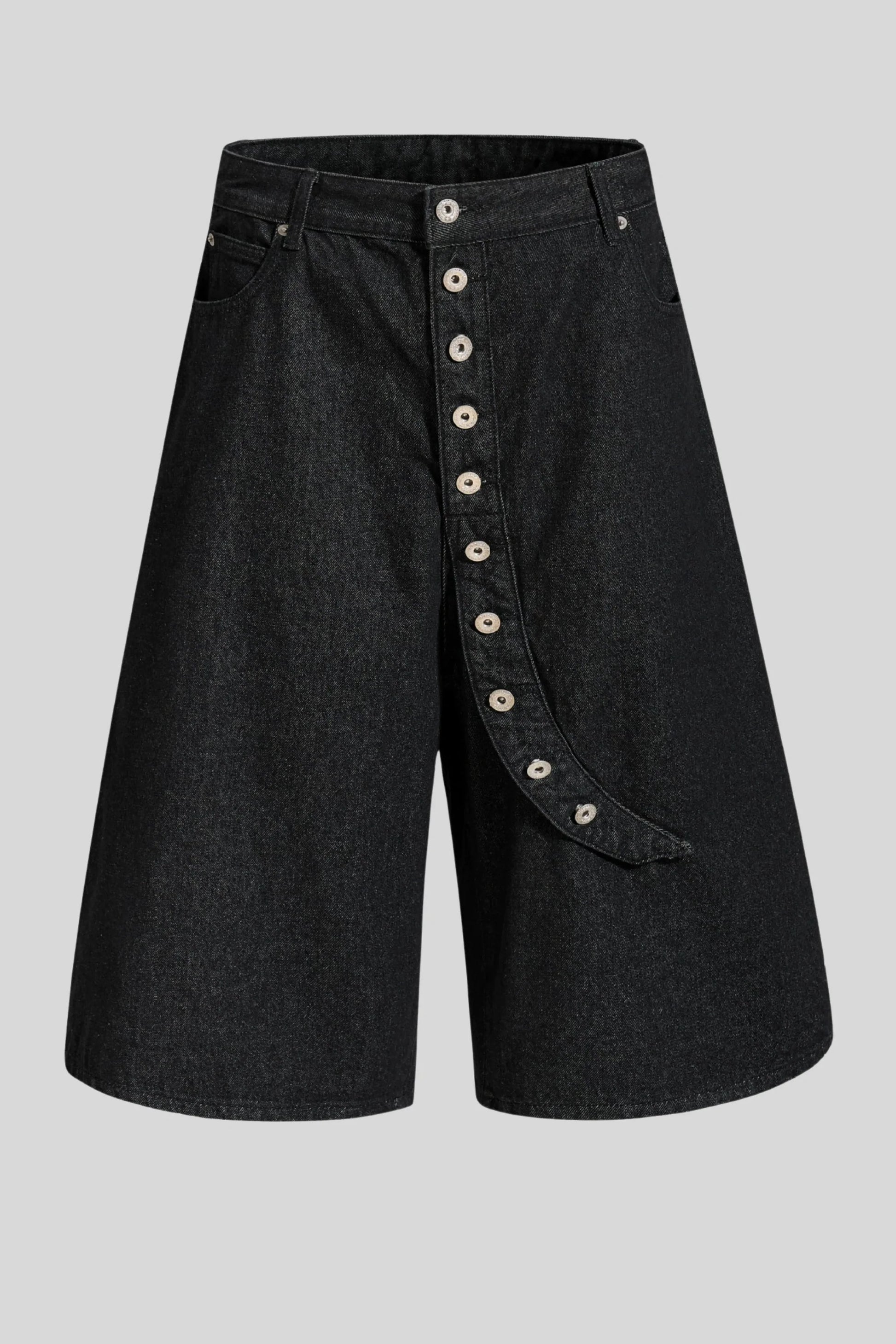 Black Wide-Leg Denim Capri Shorts Studded Button Black