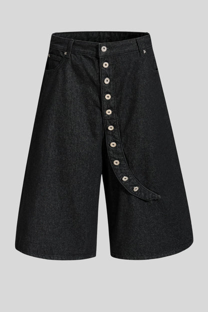 Black Wide-Leg Denim Capri Shorts Studded Button Black