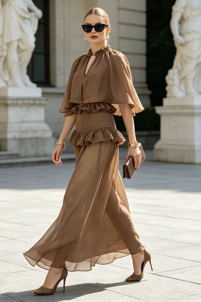 Brown Chiffon Cape-Sleeve Ruffle Maxi Set Brown