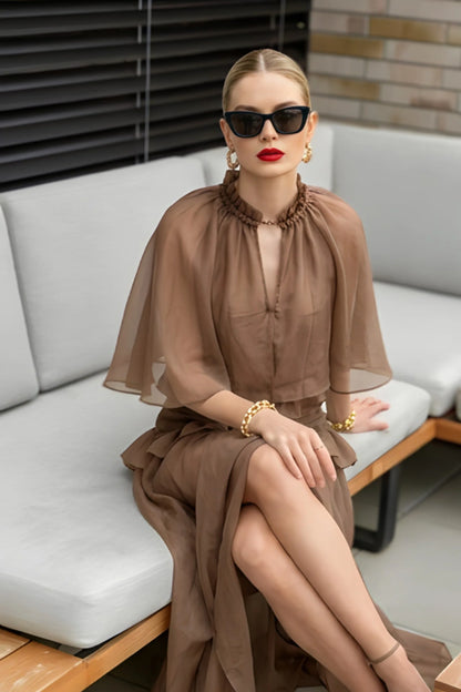 Brown Chiffon Cape-Sleeve Ruffle Maxi Set Brown