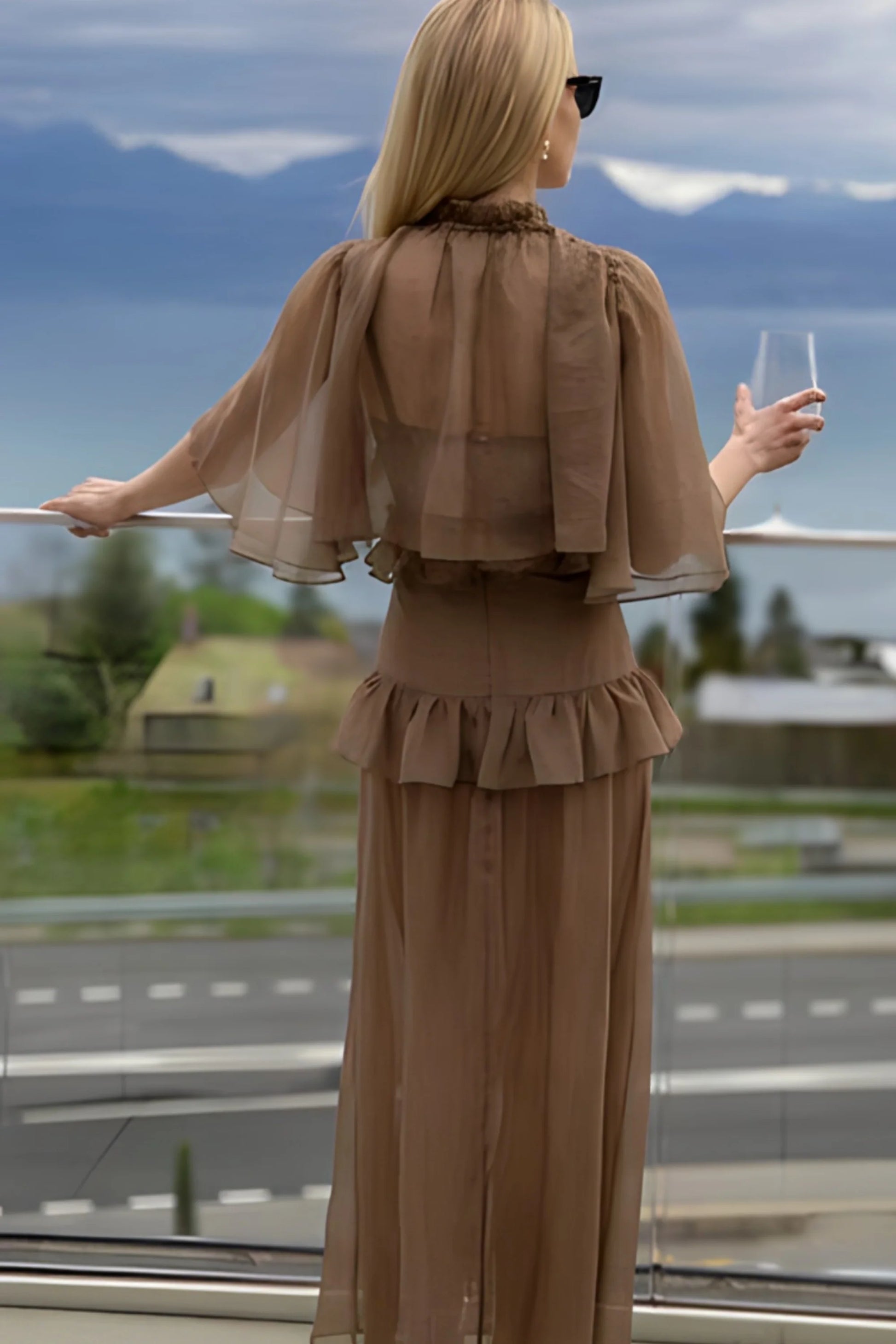 Brown Chiffon Cape-Sleeve Ruffle Maxi Set Brown