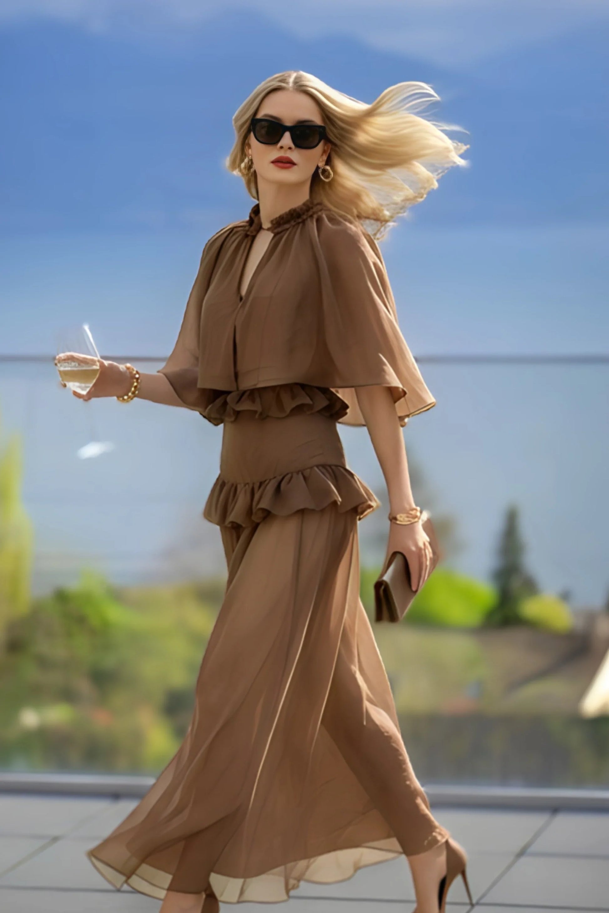 Brown Chiffon Cape-Sleeve Ruffle Maxi Set Brown