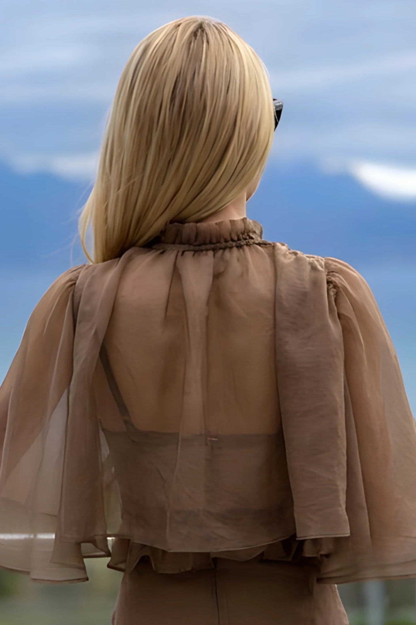 Brown Chiffon Cape-Sleeve Ruffle Maxi Set Brown