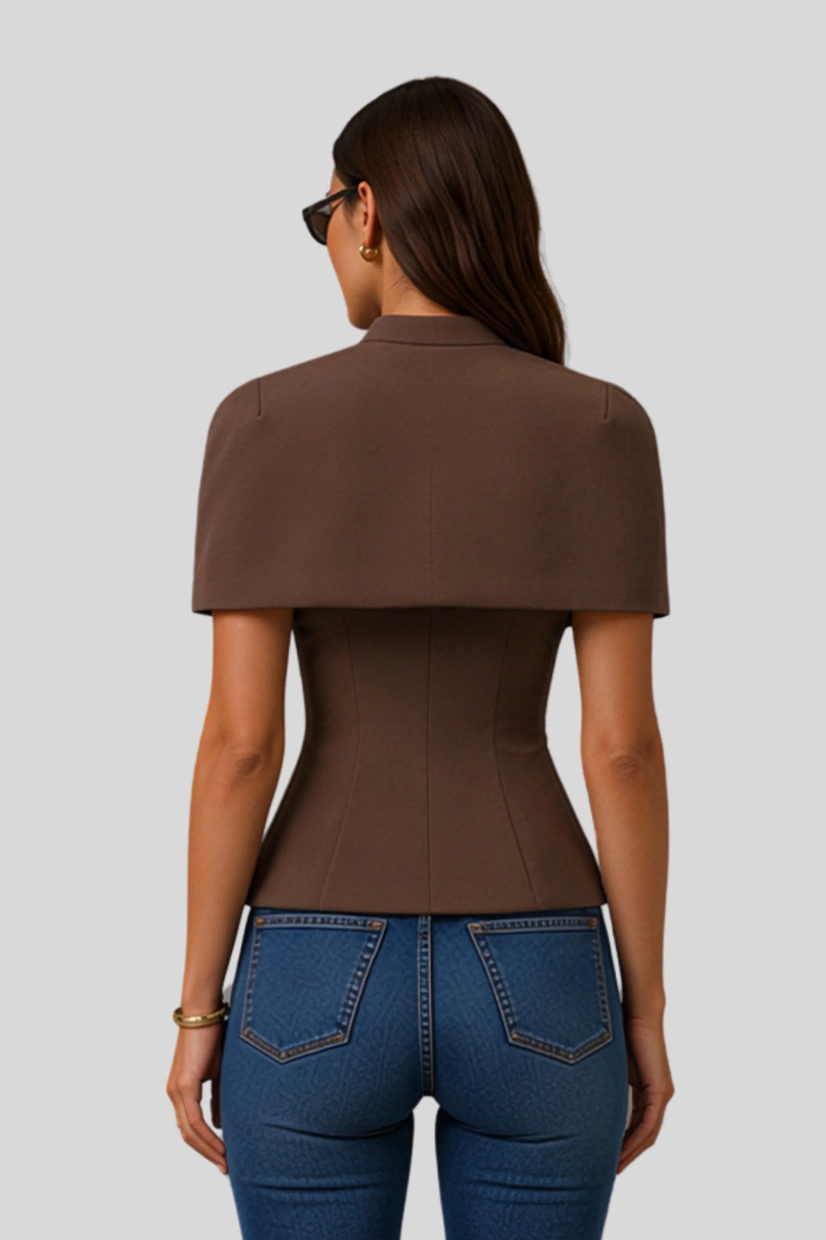 Cape Sleeve Keyhole Peplum Top Brown