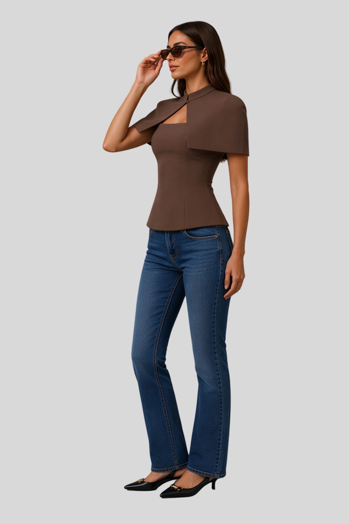 Cape Sleeve Keyhole Peplum Top Brown