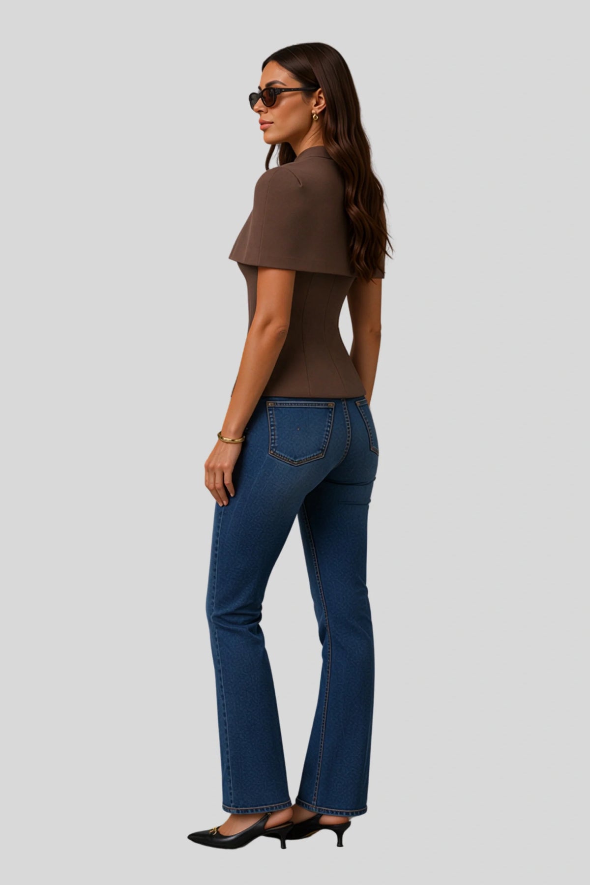 Cape Sleeve Keyhole Peplum Top Brown