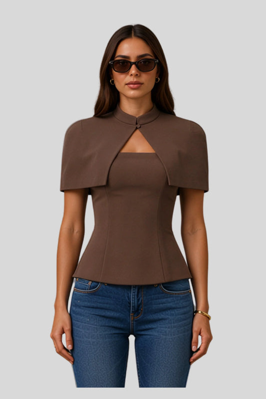 Cape Sleeve Keyhole Peplum Top Brown