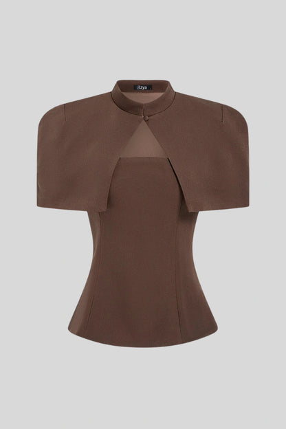 Cape Sleeve Keyhole Peplum Top Brown