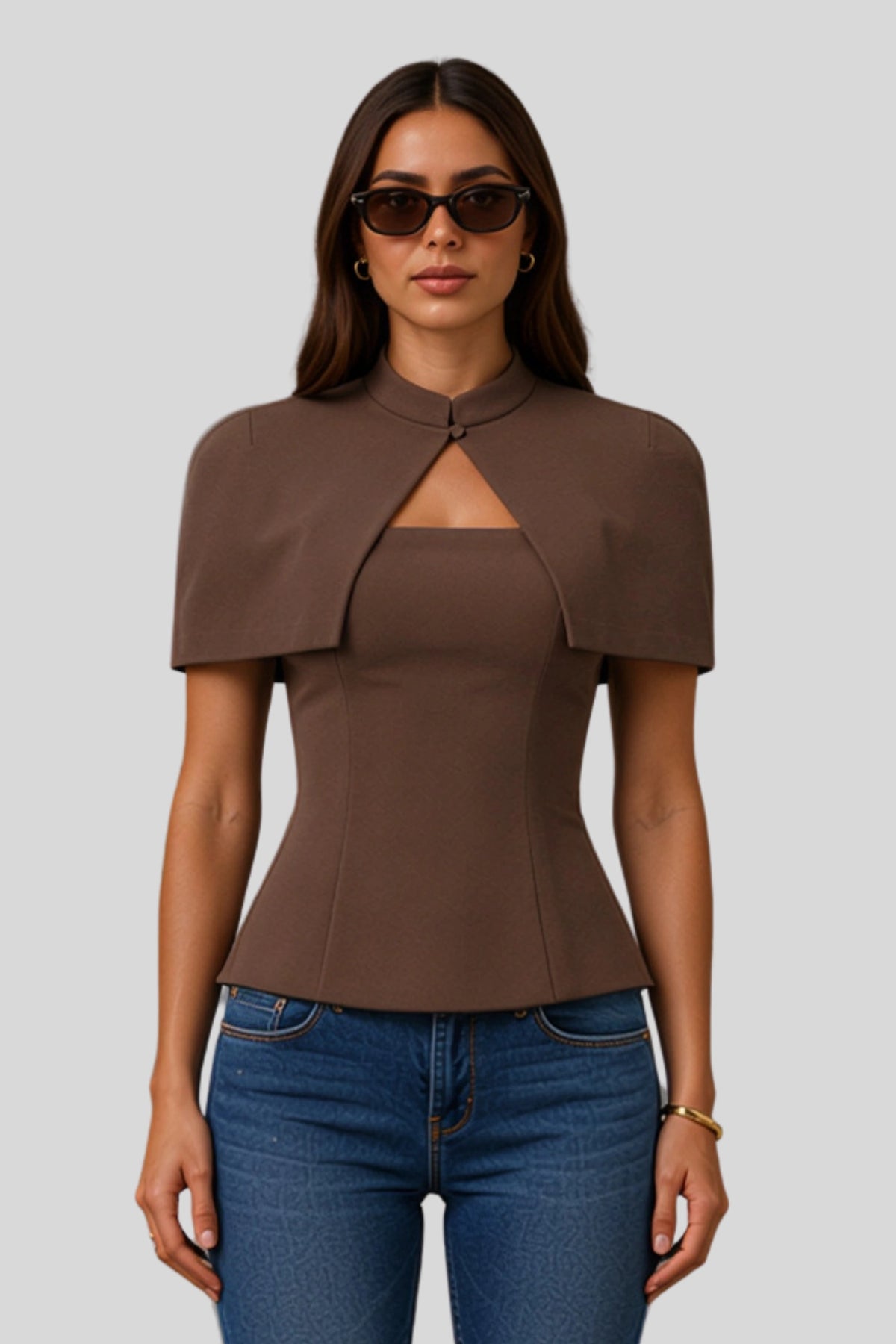 Alzya Lyzia Cape Sleeve Keyhole Peplum Top Brown