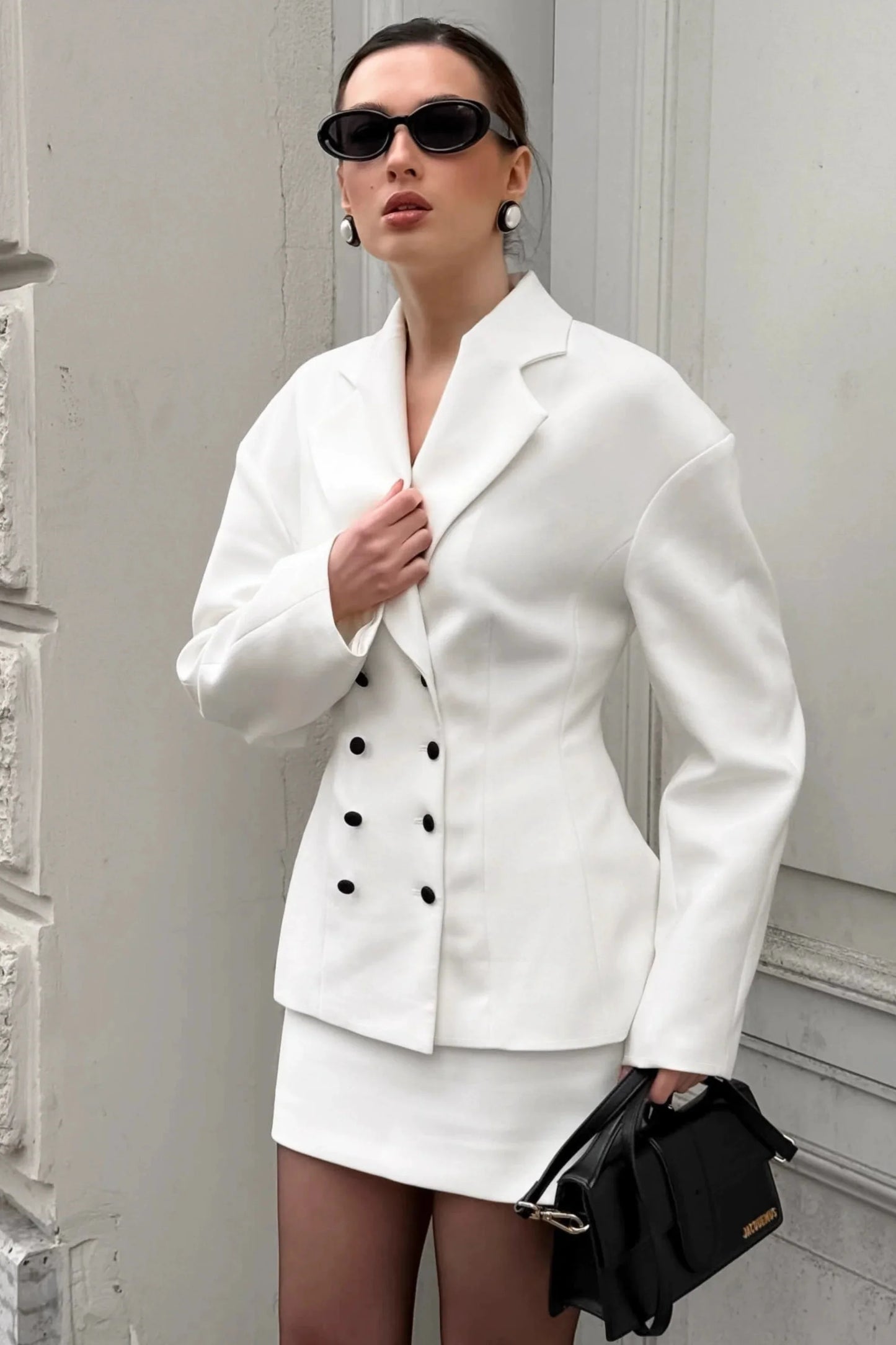 Alzya White Double Breasted Structured Blazer � Oversized Notch Lapel � WHITE