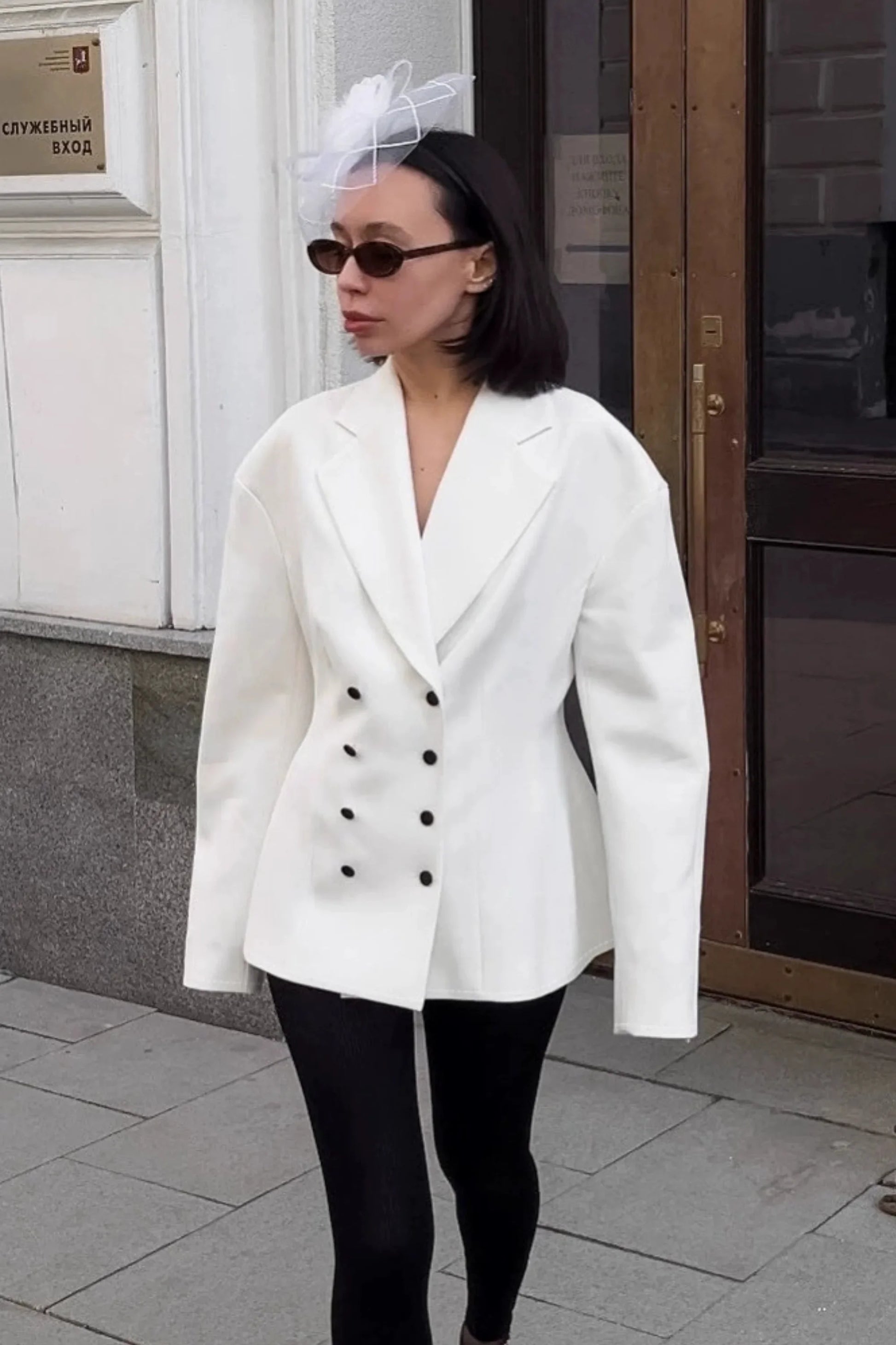 Alzya White Double Breasted Structured Blazer � Oversized Notch Lapel � WHITE