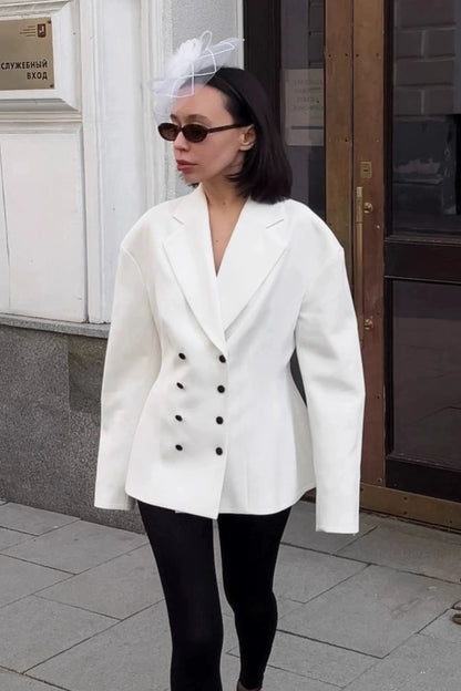 Alzya White Double Breasted Structured Blazer � Oversized Notch Lapel � WHITE