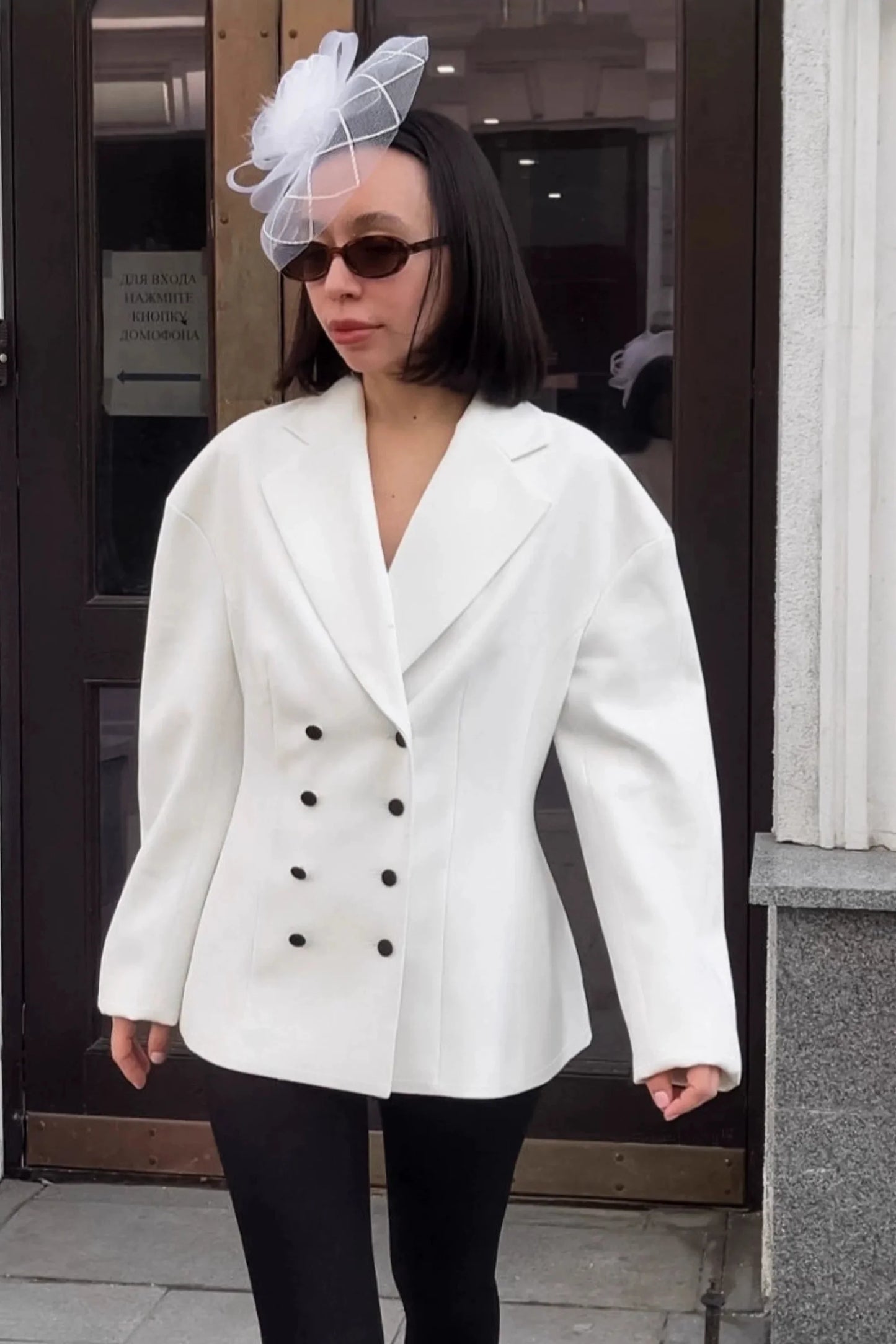 Alzya White Double Breasted Structured Blazer � Oversized Notch Lapel � WHITE