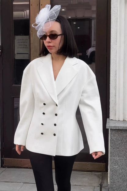 Alzya White Double Breasted Structured Blazer � Oversized Notch Lapel � WHITE
