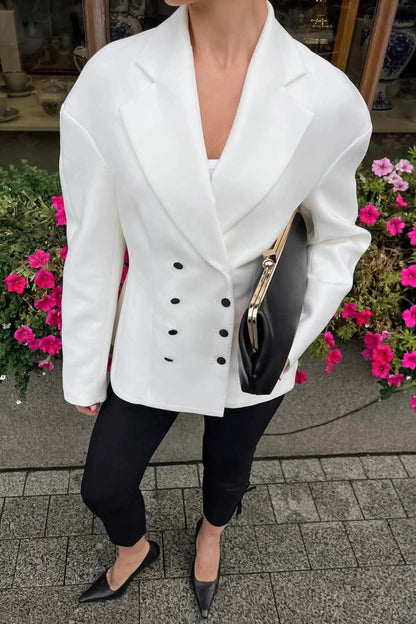 Alzya White Double Breasted Structured Blazer � Oversized Notch Lapel � WHITE